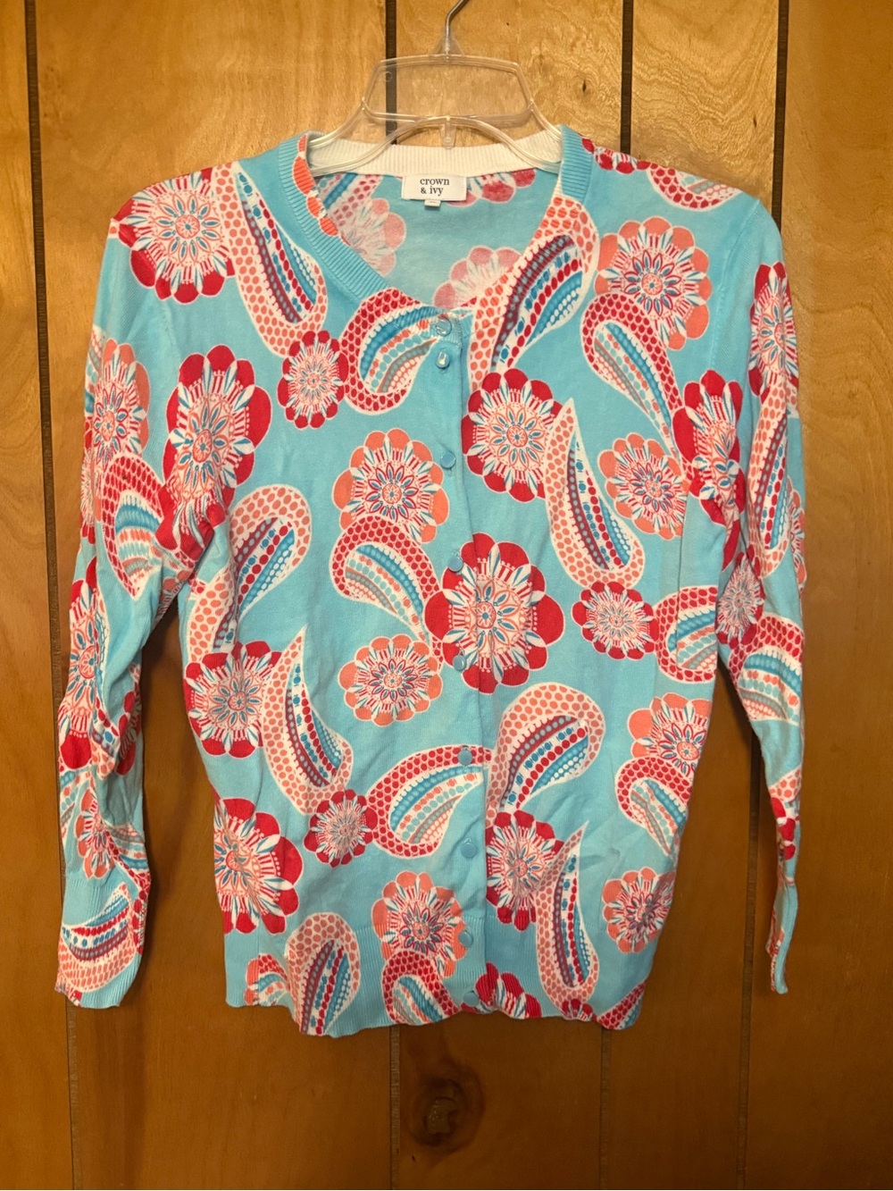 Crown & Ivy Turquoise Floral Button-Up Sweater